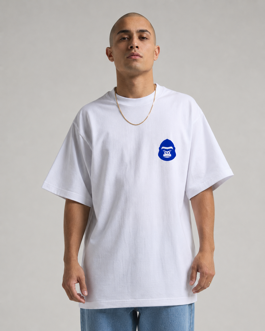 Harambe Eternal Tee front, blue silverback chest logo on white