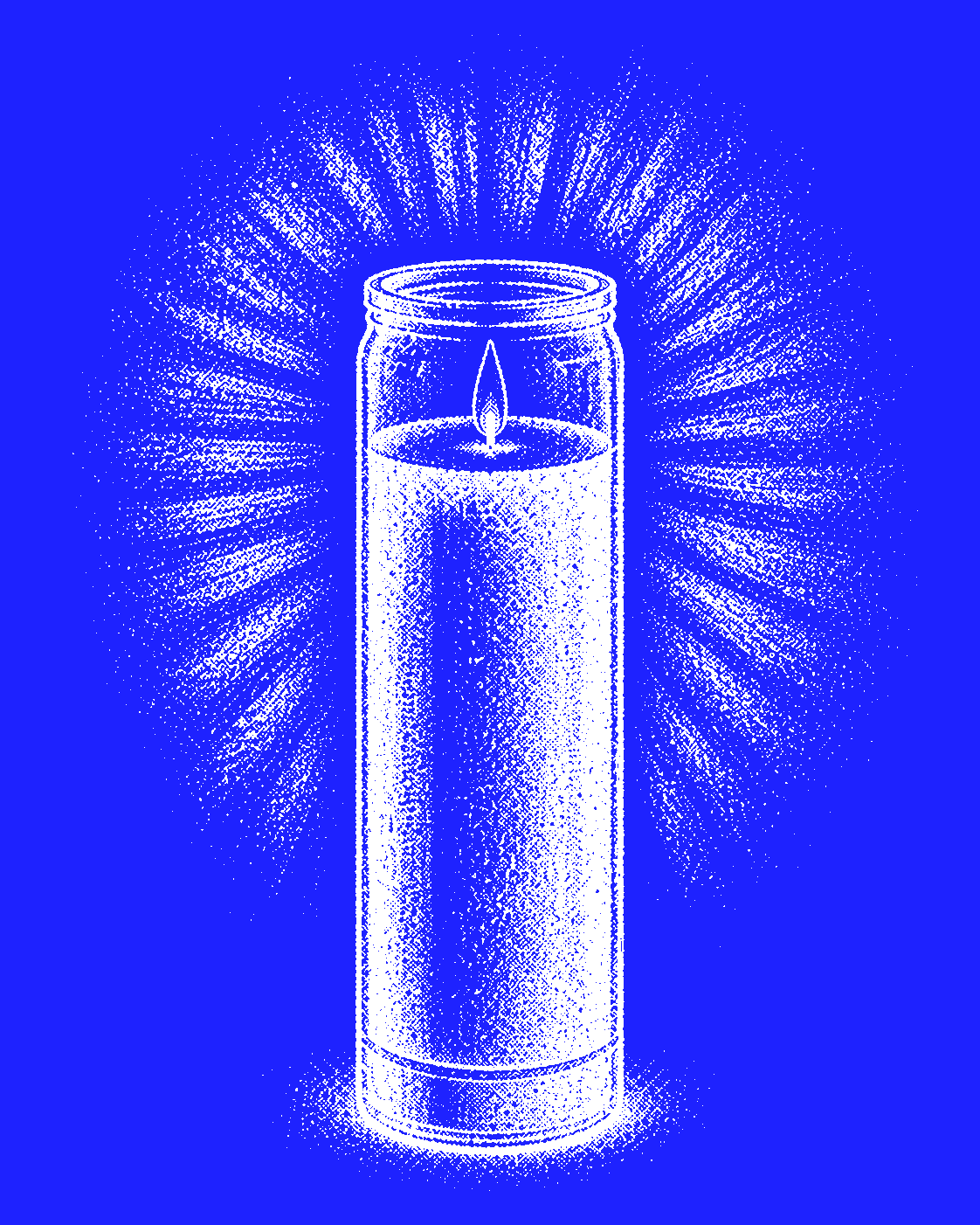 Radiant votive memorial candle, white on riso blue